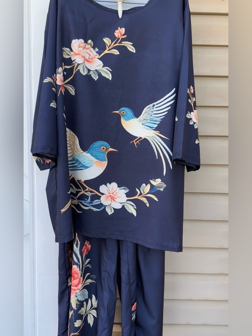 Blue top & pant set with multi-color floral bird embroidery. Shein plus-size 2XL